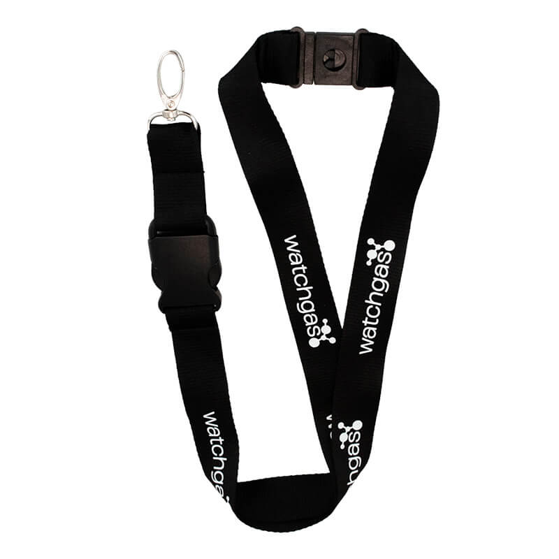 The WatchGas Neck Lanyard w/Breakaway Safety (10/pack) features a black design with the “WatchGas” brand name and logo printed in white, a metal clip, and a plastic breakaway safety clasp—perfect for use as a gas detector lanyard or with SST accessories.