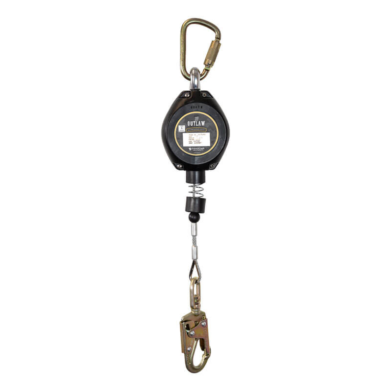 The French Creek Outlaw 11 ft SRL XR-11 by French Creek Production features a black casing, metal cable, and dual locking carabiner hooks. OSHA compliant, it’s ideal for safety harness use on construction or industrial sites.