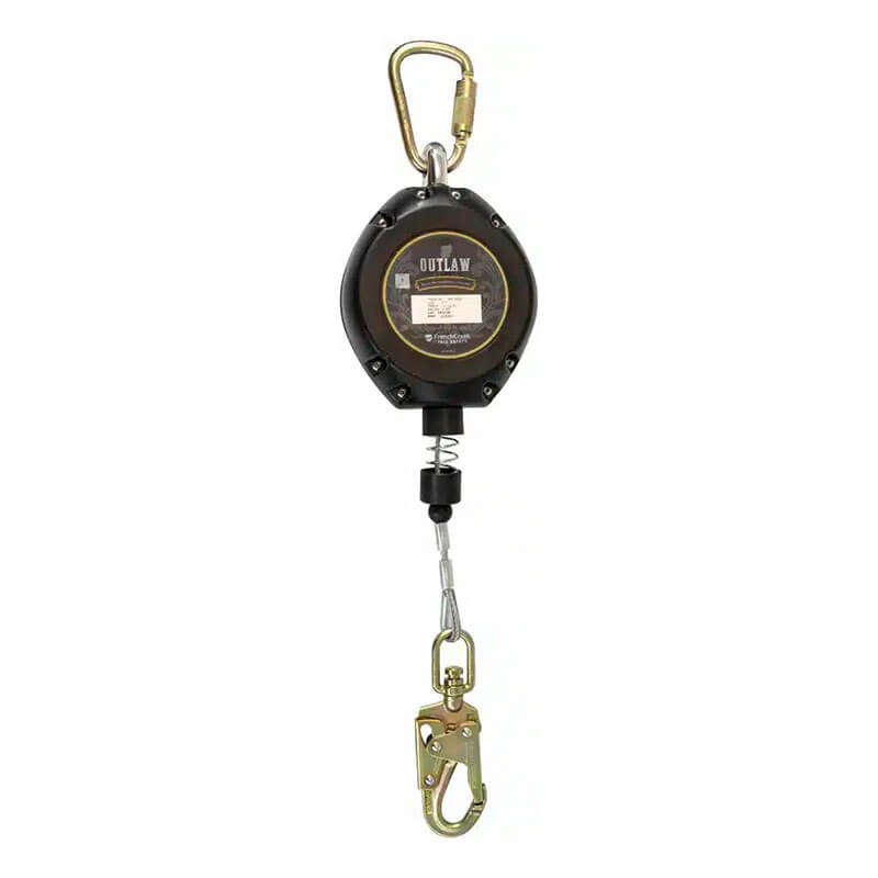 The French Creek Production Outlaw 30 ft SRL XR-30 is a black and gold self-retracting lifeline with a top carabiner and bottom safety hook, designed for construction or industrial fall protection as part of a fall arrest system.