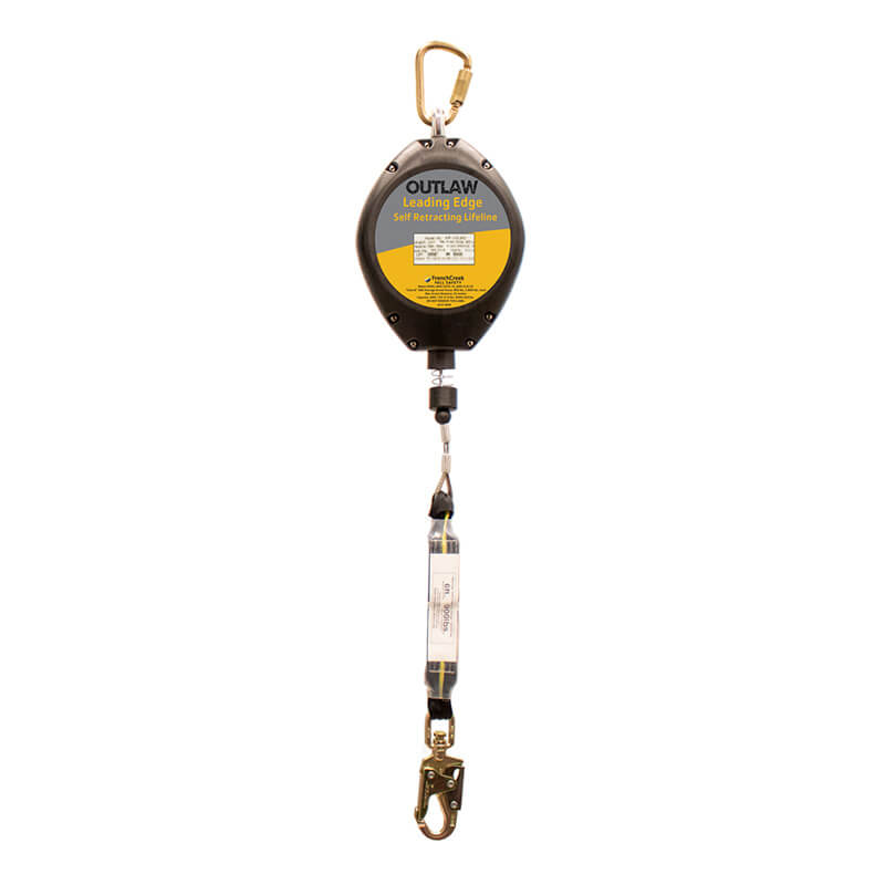 The "French Creek Outlaw 50 Ft Leading Edge SRL XR-50LEG" from French Creek Production features an eye-catching yellow and black design. It comes equipped with several carabiners, connectors, and a robust galvanized steel cable, with safety information prominently displayed on the label.