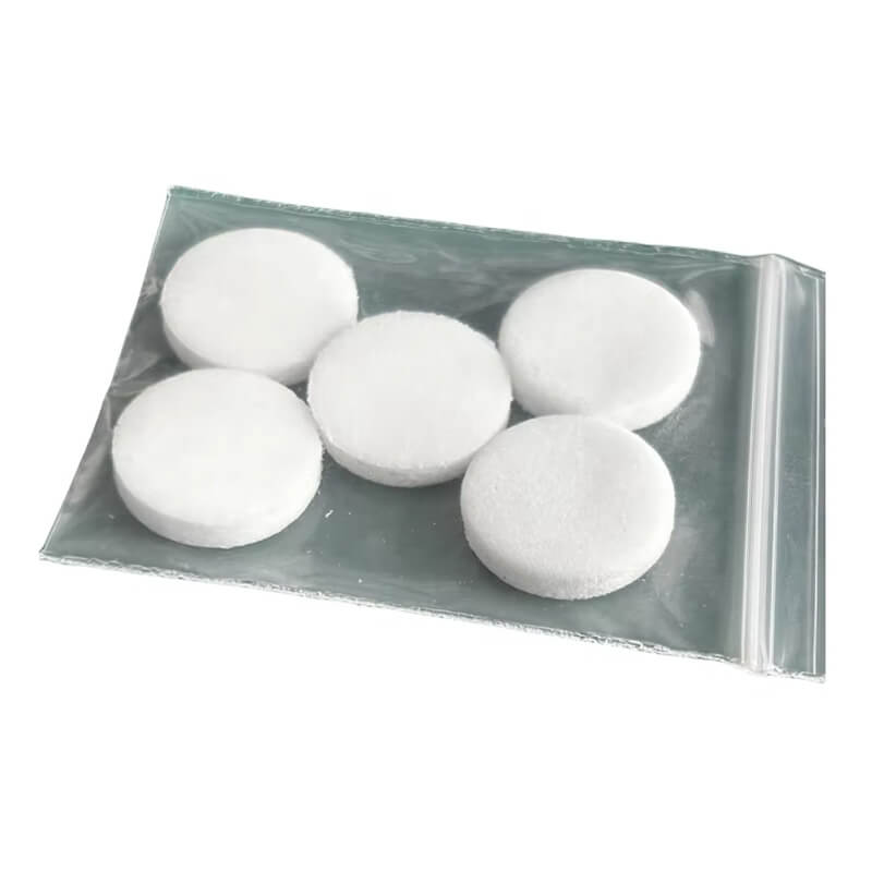 Five round white BW Honeywell Hydrophobic Pump Filter Replacements XT-RF-H50 (50/Pack) by BW Technologies are shown in a resealable clear bag on a flat surface.