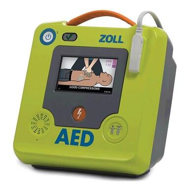 The ZOLL AED 3 Defibrillator Package 8511-00110_-01 by ZOLL is green, features a display with CPR instructions and user icons, has an attached side cable, and a top handle for easy carrying.