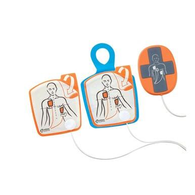 Three electrode pads for the ZOLL Powerheart G5 AED Defibrillator Package (G5_-80C-S) by ZOLL, with illustrated placement instructions and white connecting wires.