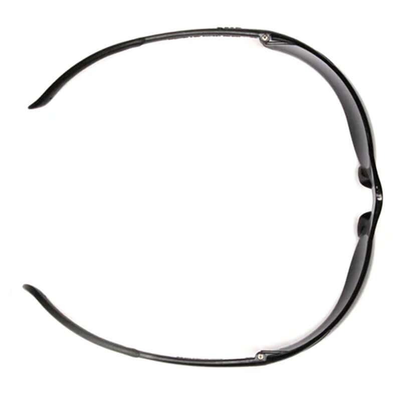 Pyramex Ztek Safety Glasses S2510S by Pyramex Safety, viewed from above, feature curved arms and dark UV-protective lenses in an oval shape against a white background. Packaged 12 per box.