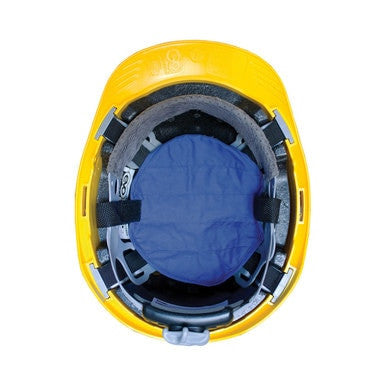 An overhead view reveals the interior of a yellow safety helmet, showcasing a PIP EZ-COOL Evaporative Cooling Hard Hat Pad 396-400-BLU secured by black straps. This helmet, branded by PIP, includes an adjustable headband and utilizes evaporative cooling technology for enhanced comfort and protection.