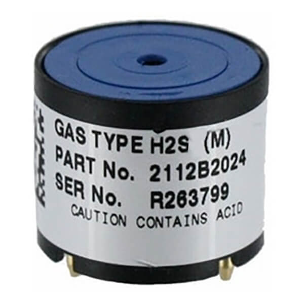A cylindrical sensor labeled "Gas Type H2S (M)" with serial number R263799 is designed for the BW Quattro Gas Monitor and features a blue top. Labeled as the BW Quattro H2S Replacement Sensor SR-H04-SC from BW Honeywell, it includes a cautionary note: "Contains Acid," ensuring safety as a reliable replacement sensor.