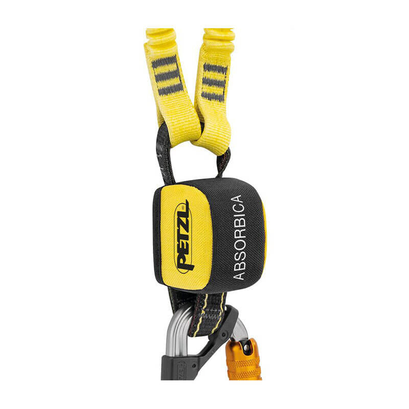 Close-up of a Petzl Absorbica-Y Tie Back MGO Double Lanyard L015BB00, highlighting its yellow and black energy absorber. A carabiner is attached at the bottom, with two yellow straps featuring black stitching extending from the top.