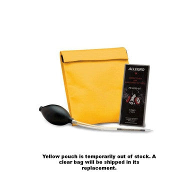 The display includes a yellow pouch, a black bulb syringe, and an Allegro-brand Inhalation Test Kit (Product: Allegro Irritant Smoke Fit Test Kit 2050) that is ideal for conducting the Irritant Smoke Fit Test. The accompanying text states, "Yellow pouch is temporarily out of stock. A clear bag will be shipped in its replacement." This kit is perfect for complying with OSHA regulations when using air-purifying respirators.