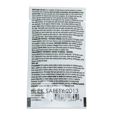 A white packet labeled Coretex BugX30 Wall Mount Towelettes 50/Box 12644 displays directions, storage, disposal instructions, precautions, mosquito protection warnings, contact info, a barcode, and copyright at the bottom.