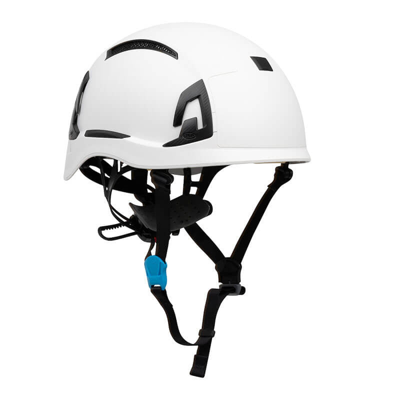 The PIP EVO ALTA Ascend Type II Non-Vented Helmet 280-EVOALT is a white climbing helmet with black adjustable straps, ventilation slots, and a blue chin strap clip. It provides impact protection and meets ANSI/ISEA Z89.1-2014 standards for industrial use.