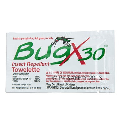 A box of Coretex BugX30 Wall Mount Towelettes (50/Box, 12644) featuring the Coretex brand, a mosquito image, and text highlighting up to 7 hours of mosquito protection with 30% DEET as the active ingredient.