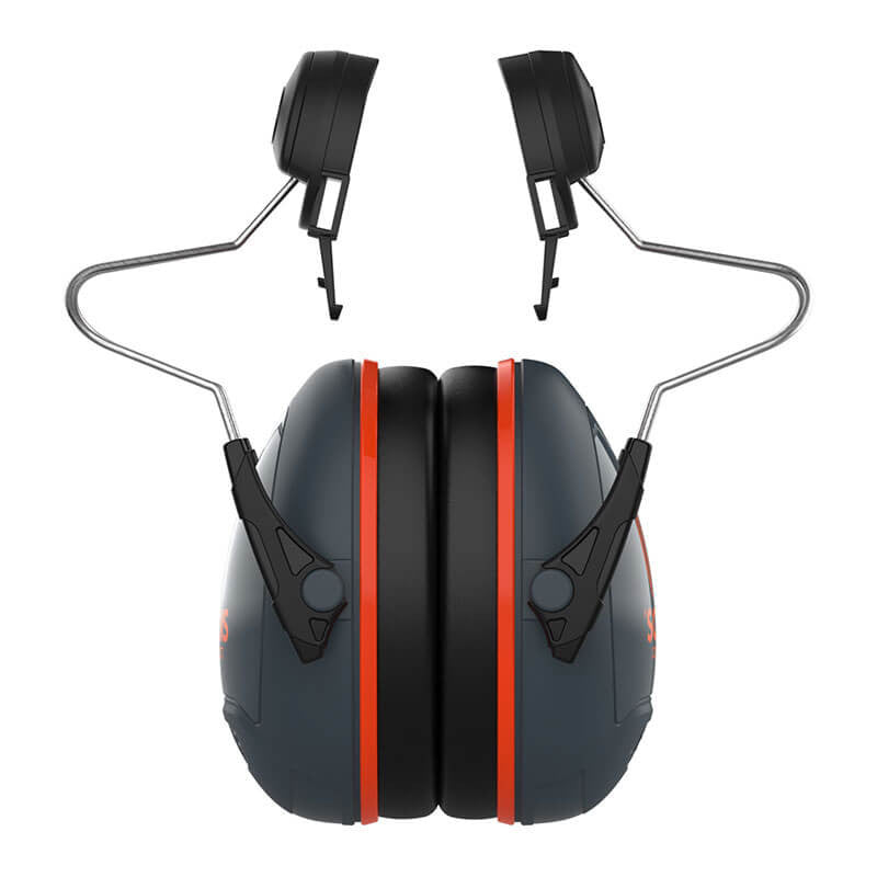 The PIP Sonis Compact Full Brim Mounted Passive Ear Muff 262-AEB030-FB from PIP showcases dark gray cushions with vibrant orange accents. Designed for convenient attachment, they feature adjustable metal wires and are displayed against a plain white background.