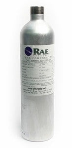 A silver 34L gas cylinder labeled "RAE Systems QRAE III Calibration Gas 600-0050-007" for QRAE III detectors, with a rounded top and screw cap.