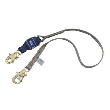 The DBI-SALA Force2 Single-Leg Tie-Back Shock Absorbing Lanyard 1246173 by 3M Fall Protection is a grey lanyard with a blue energy absorber and two metal hooks featuring locking mechanisms on each end. It is crucial for fall protection systems, providing dependable security in challenging environments.