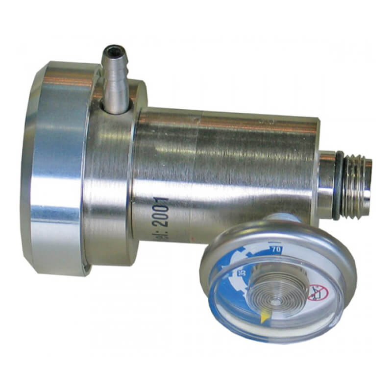 Close-up of a pressure gauge, essential for gas detector accessories, featuring a round dial with needle and colored zones. It includes a threaded connector and small outlet, ideal when paired with BW Technologies by Honeywell's BW Calibration Gas Demand Flow Regulator REG-DF-1.