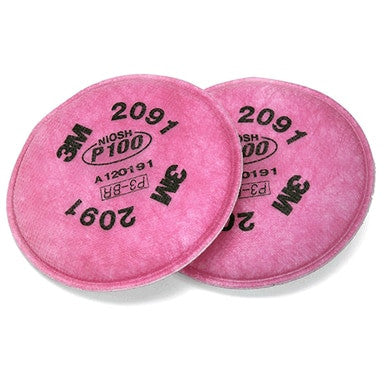 The 3M P100 Particulate Filters (Pair) 2091, in pink, display black printed certification details and codes. Designed to provide exceptional HEPA filtration, they offer respiratory protection against airborne particles when used with compatible respirator masks.