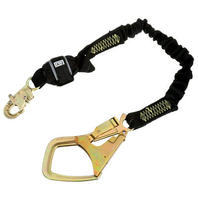 The 3M DBI-SALA Shock Absorbing Arc Flash Stretch Web Lanyard 1246524 by 3M Fall Protection features a robust energy-absorbing design with large steel carabiner hooks. Its black look with yellow stitching and specification label suits safety harnesses in construction or industrial settings.