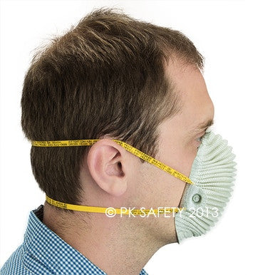 A man in a blue checkered shirt, viewed from the side, wears a Moldex N95 Disposable Waved Respirator 4600 with two yellow straps. The mask, by Moldex, covers his nose and mouth.