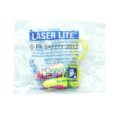 The clear packaging of Honeywell Safety's Howard Leight Laser-Lite Disposable Corded Earplugs - 100 Pairs/Box highlights their vibrant yellow and pink hues. With a Noise Reduction Rating (NRR) of 32, these earplugs offer dependable hearing protection.