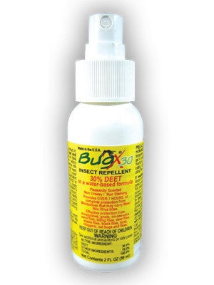 A white Coretex BugX30 Insect Repellent 2 oz. pump spray bottle with a yellow label highlights 30% DEET, water-based formula, and usage instructions.