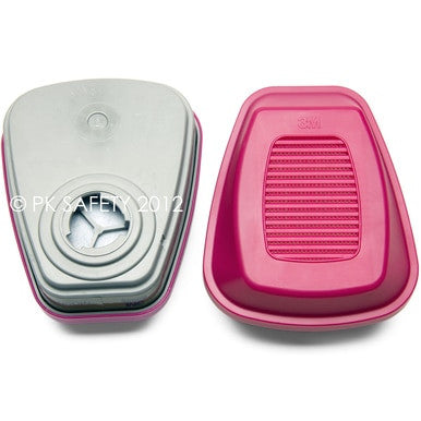 Two rectangular 3M 60926 Multi-Gas P100 Cartridges are shown—one with the gray attachment side visible and the other displaying the pink front with a textured grid pattern, both NIOSH approved.