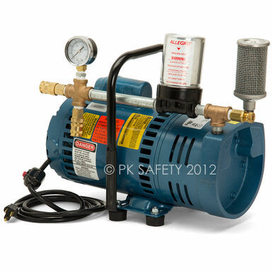 A blue Allegro A-750 Ambient Air Pump 9821 from Allegro Industries, equipped with a pressure gauge and attached hoses. It includes warning labels, a power cord, and a filter. The unit features "ALLEGRO" on its metal component and is labeled "PK Safety 2012" in the image, providing an efficient portable air source.