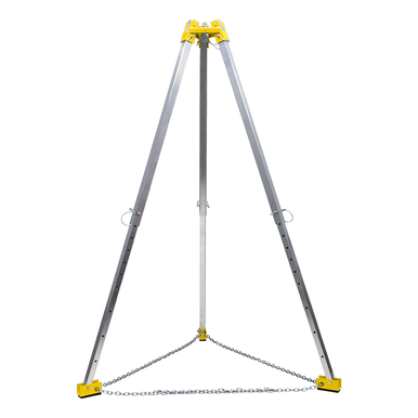 The French Creek 7ft Aluminum Tripod TP7 from French Creek Production has three silver legs with black tips and a yellow top joint. A metal chain at the base forms a triangular shape, making it perfect for fall protection in confined spaces against a white backdrop.