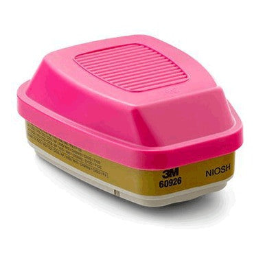 The 3M 60926 Multi-Gas P100 Cartridge (Pair) by 3M offers NIOSH-approved respiratory protection with a rectangular design and ridged pink top.