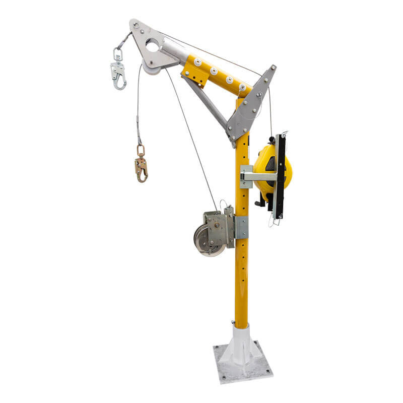 A yellow and silver industrial tripod davit arm with pulleys, hooks, and a winch for lifting or lowering gear or personnel in confined spaces, mounted on the French Creek Production Floor Mount Sleeve Davit Base PD7.
