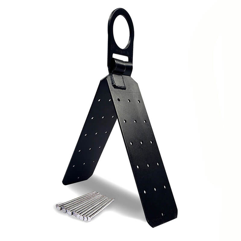 The Frontline Combat Premium Roofers Kit with 50' VLL RK110V50 by Frontline Fall Protection features a black metal folding roof anchor with perforated panels in an inverted “V” shape, a top attachment ring, and long stakes—ideal for harness and lifeline setups.
