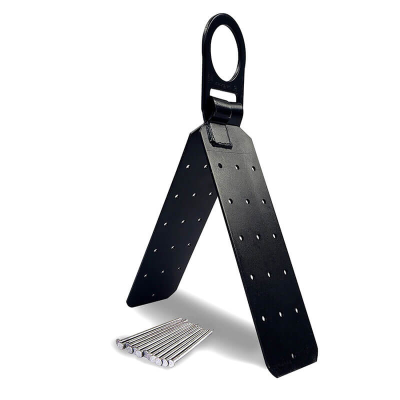 A black metal folding tree root protection plate with evenly spaced holes is shown upright in an inverted V-shape, with six silver nails—ideal for use with the Frontline Combat Plus Roofers Kit with 50' VLL RK050V50 by Frontline Fall Protection.