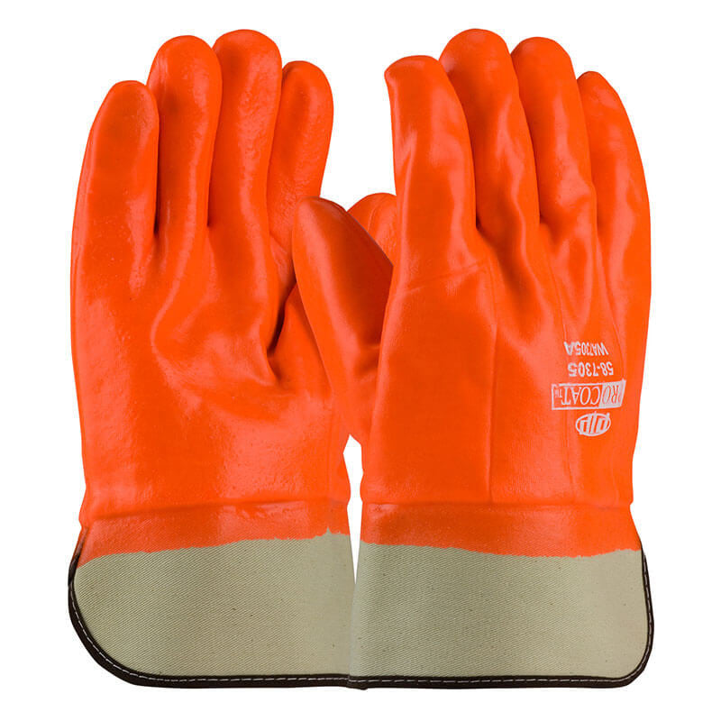 A pair of PIP ProCoat Premium PVC Gloves with an Interlock/Jersey Liner features a vivid orange color and a white company logo on the back. These gloves also include a beige, reinforced cuff at the base for enhanced wrist protection. Laid flat with fingers pointing upward, they ensure visibility and safety in any condition.