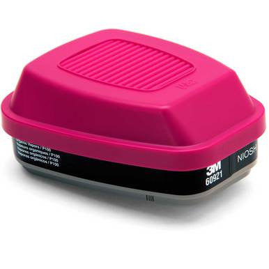 The 3M 60921 P100 Organic Vapor Filter (Pair) by 3M is a rectangular, pink cartridge with a ridged top and black label, designed for respirators to protect against organic vapors and filter particulates.