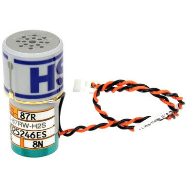 The RKI Eagle 2 Replacement H2S Sensor ES-87RW-H2S from PK Safety Supply is a compact cylindrical electronic component featuring wires and designed to replace H2S sensors. It is marked with "HS" and assorted alphanumeric codes. The red and black twisted wires end in a small white connector, making it perfect for detecting hydrogen sulfide.