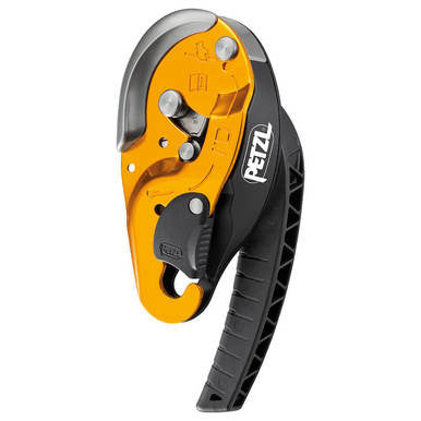 The Petzl I'D S Descender Self-Braking D020AA00 is an orange and black device with a handle, designed for rope access or rescue, featuring metal and plastic parts to ensure safe ascent and descent.