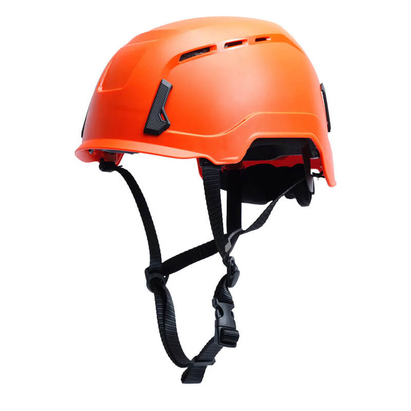 The Pyramex SL T2 Safety Helmet by Pyramex Safety is a vented helmet in bright orange, designed with black adjustable straps and clips for head protection during construction or climbing activities. It features impact absorption technology, ventilation slots for airflow, and a smooth, curved design.