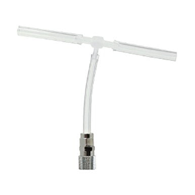 The RKI Instruments T Fitting Adapter 17-4430RK-01 is a transparent Y-shaped connector with a metallic fitting at the bottom, designed for seamless fluid or gas flow through connected tubes. It is ideal for integrating with systems like the GX-2012 5-Gas Monitor.