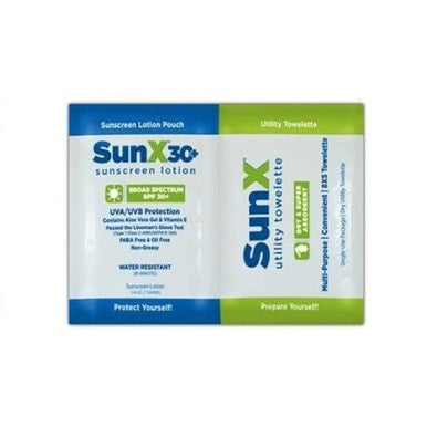 A Coretex SunX SPF30 Sunscreen Foil Pack Wallmount 50/Box 91661 sits beside a utility towelette pouch, both displaying blue and green text on white and promoting UVA/UVB protection for effective sun care.