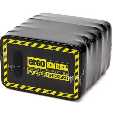 The "Working Concepts ErgoKneel 5000 Pocket Kneeler 6-Pack" from the brand Working Concepts is a black, pocket-sized kneeling pad adorned with a yellow and black caution tape design along the edges. Crafted from foam rubber, this product effectively minimizes knee trauma while delivering optimal comfort during use.