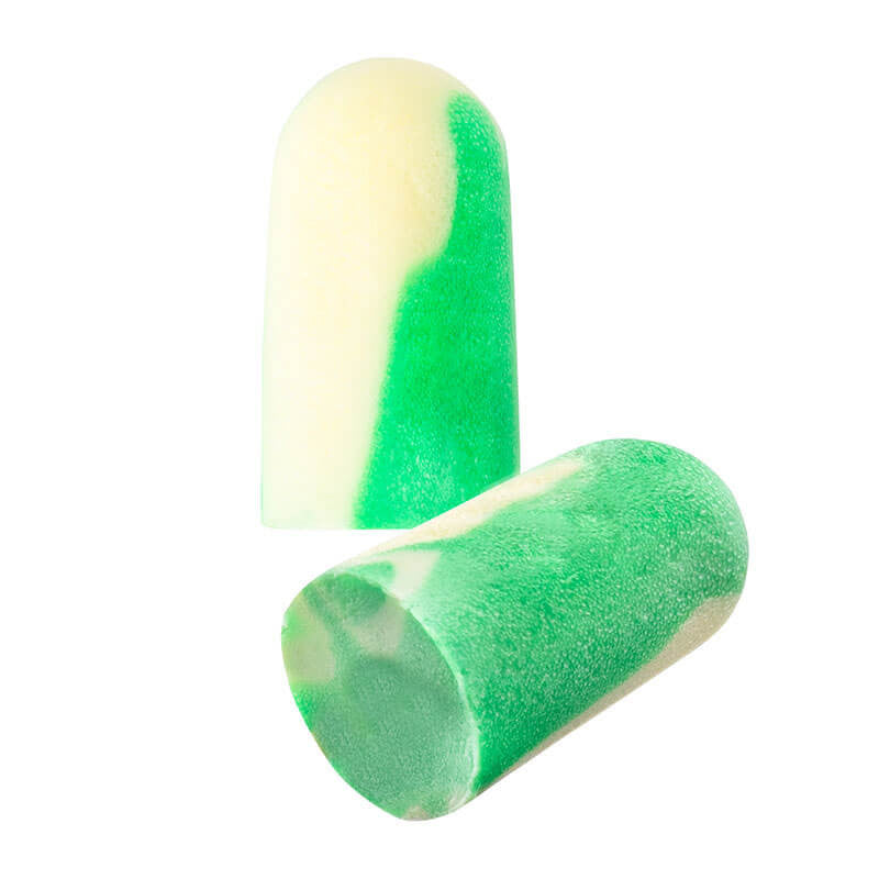 The PIP Mega Bullet BioSoft Disposable Foam Ear Plugs BSF-1, available in a green-and-white color scheme, feature one plug standing upright to display its rounded end while the other lies on its side, highlighting a smooth cylindrical shape. Ideal for those looking for comfort and sustainability in disposable earplugs.