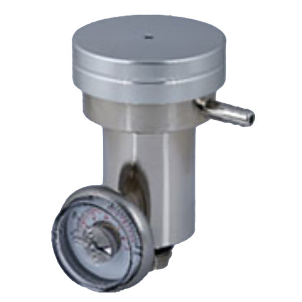 The ISG Demand Flow Regulator w/Tubing by Intermountain Specialty Gases features a round dial, cylindrical body, and side nozzle—perfect for calibration gas regulators—shown isolated on a white background.