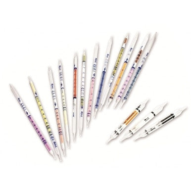 A collection of vibrant gas detection tubes, featuring the Honeywell Formaldehyde 0.1 - 5 ppmv Tubes H-10-121-05 from PK Safety Supply, are fanned out against a white background. Each tube is designed to detect a specific gas and has measurement markers along its side.