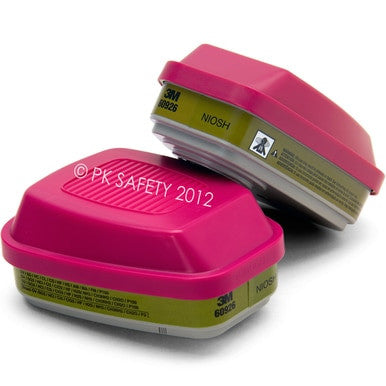 A pair of 3M 60926 Multi-Gas P100 Cartridges are shown—one flat, one propped up—displaying the 3M brand and product information clearly on the side.