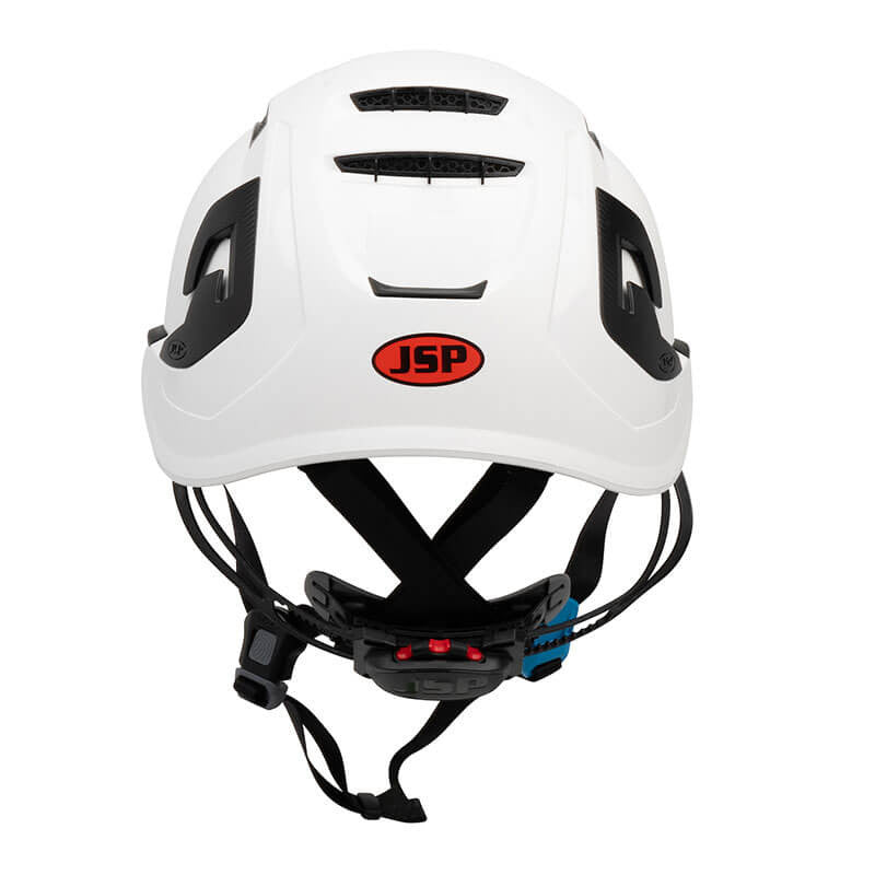 Introducing the PIP EVO ALTA Ascend Type II Vented Helmet from PIP - Protective Industrial Products: This white industrial climbing helmet features a sleek design with an ABS shell and EPP foam impact liner. It is equipped with ventilation holes and an adjustable chin strap, ensuring both safety and comfort.