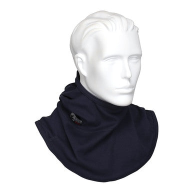 The MCR Safety FR Westex True Comfort Balaclava Navy BLCVTCN is displayed on a white mannequin head, showcasing its protective design that covers the neck and extends partially over the shoulders. A small logo adorns the garment, and the mannequin’s face is expressionless with slicked-back hair.