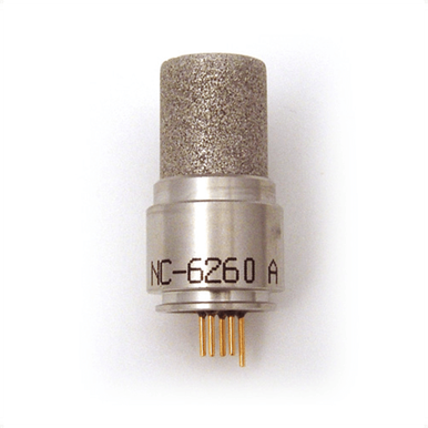 Close-up of an RKI Instruments RKI Eagle LEL/ppm Hydrocarbon Catalytic Sensor 62-0125RK, featuring a metallic finish, textured top, and labels "NC-6260 A." Several gold pins extend from the bottom for electrical connection.