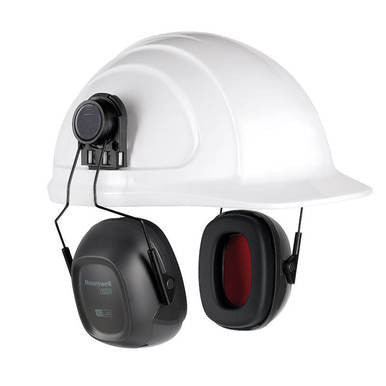 The Honeywell Safety VS130H VeriShield Helmet Earmuff 1035124-VS features a white safety helmet with earmuffs for hearing protection, red interior padding, and a brand logo.