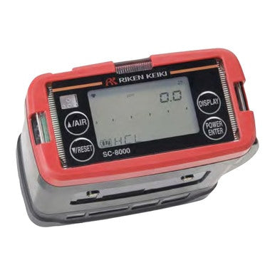 An RKI SC-8000 Hydrogen Peroxide Gas Monitor (product code 73-0053-H2O2) with a digital display showing "0.0". The monitor includes buttons labeled "Air/Reset," "Display," and "Power/Enter," and is encased in a red protective cover, making it perfect for detecting H2O2.