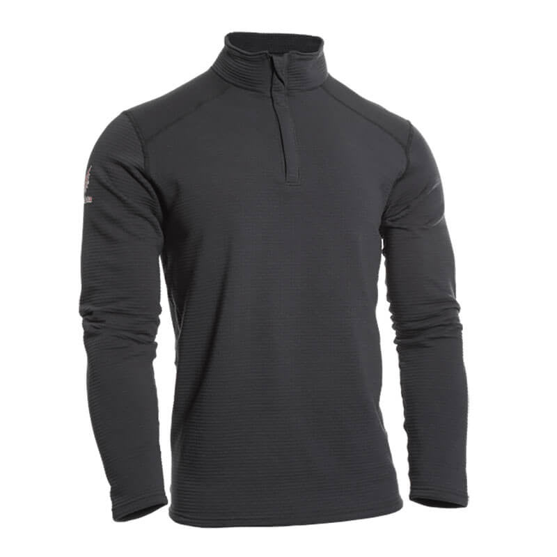 The mannequin showcases the NSA DRIFIRE Power Grid FR Fleece 1/4 Zip, a long-sleeve black pullover with a quarter zip and high collar. Crafted from textured FR Fleece material, this fitted garment offers flame-resistant qualities ideal for both casual or athletic wear, while also providing arc flash protection.