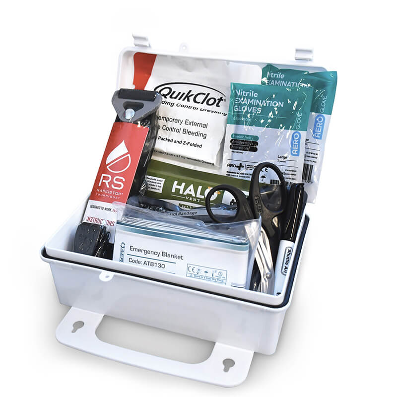The Aero Healthcare RAPIDSTOP Bleed Control Kit EMS Pro is a white plastic first aid box with gloves, scissors, emergency blanket, gauze, bandages, and a RapidStop tourniquet, all neatly organized and visible when the lid is open.